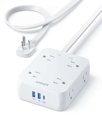Anker Power Strip with 2000J Surge Protector, Flat Plug Extension Cord with Multiple Outlets, 8 AC, 2 USB A & 1 USB C Port for 20W, 10ft Outlet Extender, Dorm Room Essentials, Home Office, TUV Listed - color: Shell White, size: 10FT