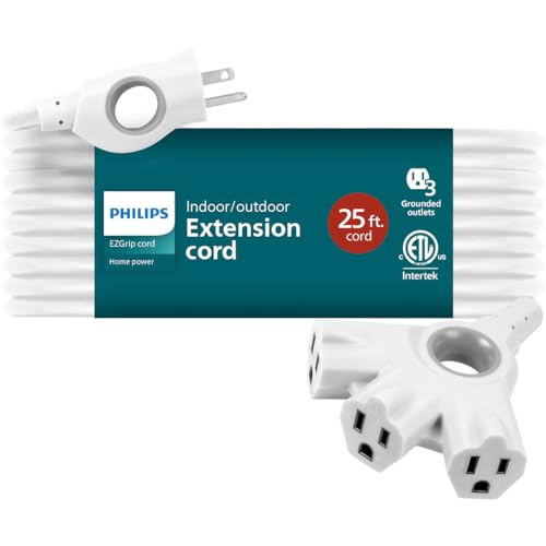 Philips EZGrip Outdoor Extension Cord with Multiple Outlets, Grounded 3 Prong Cord, Long Extension Cord Indoor with Multiple Outlets, Heavy Duty Extension Cord, 25 Ft, 16 AWG, White, SPC3253ZW/37-T1 - color: White, size: 25 Ft, style: 3-Outlet