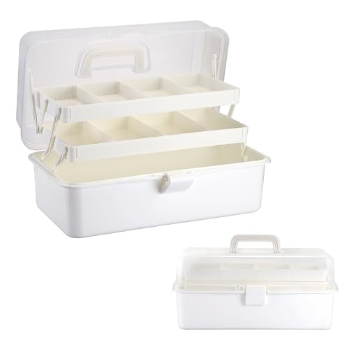 Tackle Box, 16-Inch Extra Large Art Storage Box with 3-Layer Folding Trays, Multipurpose Craft Organizers and Storage w/ Adjustable Dividers, Portable Tool Box for Sewing Supplies,Medicine &Cosmetics - color: White