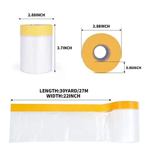 TAPEBEAR Pre-Taped Masking Film, Tape and Drape, Plastic Sheeting Roll, Automotive Painters Masking Tape Film, Plastic Sheeting Cover for Appliance and Furniture, 22inch X 30yard, 3Rolls - size: 550mm x 27m