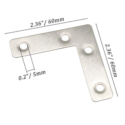 Hordion 10Pcs 2.4 x 2.4 Inch L Shape Bracket Flat Corner Brace (60 X 60mm), Right Angle Bracket Silver Heavy Duty Repair Mending Plates for Wood Furniture Chair Drawer Cabinet - size: 2.4*2.4''/60*60mm
