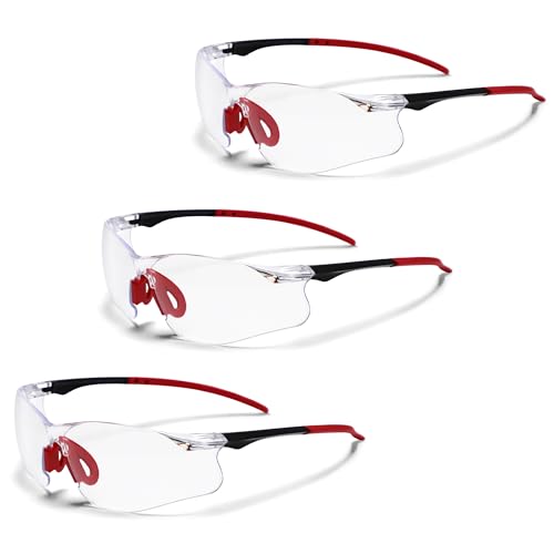 Clear Safety Glasses 3PK, Protective Eyewear UV Protection ANSI Z87.1 Crystal Safety Goggles Scratch Impact Resistant Eye Protection with Nose Pads for Men Women Construction Shooting Lab Work - color: Clear Lens/Red Temples, style: 3 Pack