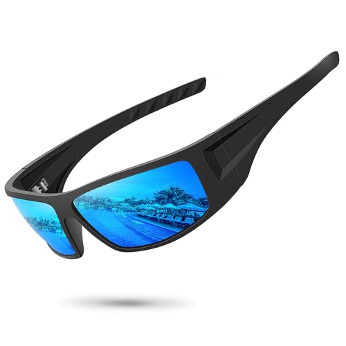 Polarized Sports Sunglasses for Men Women Unbreakable Frame Cycling Fishing Wrap Around Sunglasses UV400 Protection - color: 1-black Frame/Blue Mirror Lens