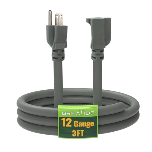 3 Ft Extension Cord - 12/3 SJTW Heavy Duty Grey Extension Cable with 3 Prong Grounded Plug - Power Cord for Lawn, Garden, Appliances - color: Grey, size: 3 ft