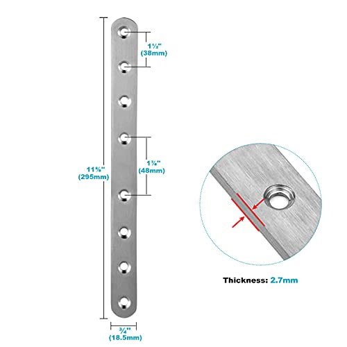 10 Pack 11" x 3/4" Flat Mending Plate, Long Stainless Steel Straight Brace Bracket, Repair Joiner Plate for Wood