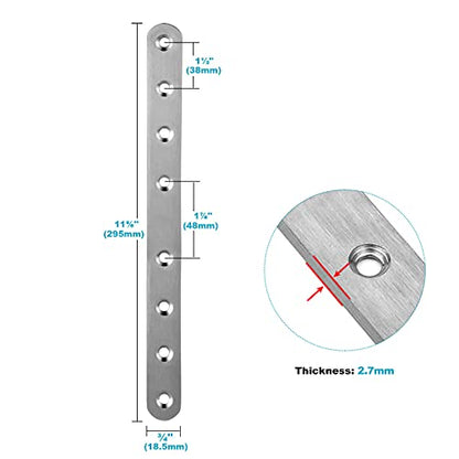 10 Pack 11" x 3/4" Flat Mending Plate, Long Stainless Steel Straight Brace Bracket, Repair Joiner Plate for Wood