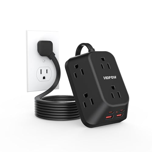 Surge Protector Power Strip, HOPOW 6FT Flat Plug Extension Cord with 6 Outlets and 4 USB Ports (2 USB-C), 3-Sided Multi Outlet Extender, 1050J Charging Station for Home Office Dorm, Black - color: Black, size: 1 Pack-6 Ft