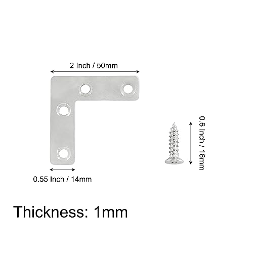 Hordion 10Pcs 2 x 2 Inch L Bracket Corner Brace (50 X 50mm), Stainless Steel Flat Corner Bracket Heavy Duty, Metal L Shaped Support Brace, Right Angle Repair Plates with Screws - size: 2" x 2" (Silver), style: L-Shape