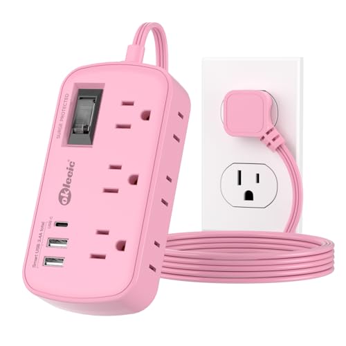 Pink Extension Cord - 5Ft Travel Power Strip with 3 USB(1 USB C) 17W Charging Station and 6 Outlets, Pink Desk Accessories with Surge Protector for Cute Kawaii Gifts College Dorm Desk - size: 5 FT-Pink-45°Plug, style: 6AC+2U1C