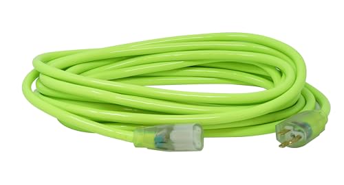 Southwire Heavy Duty Extension Cord, 25Ft, 12 Gauge, 3 Conductor, High Visibility Outdoor Cord, Lighted End, SJTW, Cool Green, 2577SW000X - color: Fluorescent Green