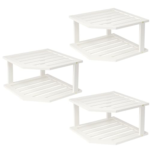 VERTORGAN Bamboo Corner Shelf(3 Pack),2 Tier Plate Organizer for Cabinet and Countertop,Pantry Dish and Spice Rack for Kitchen(White) - color: White, size: 3 Pc