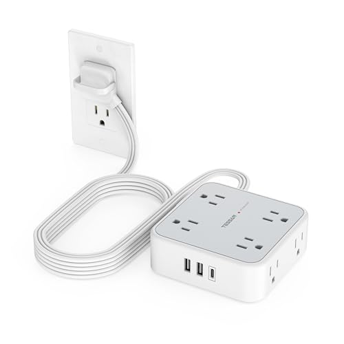 TESSAN Surge Protector Power Strip, 10 Ft Flat Plug Extension Cord with 3 USB (1 USB C) 8 Outlets, 1250W, 900J Protection, 3 Sided Outlet Extender with Ring Plug for Office, Dorm Room, Grey - color: Grey with Ring Plug, size: 10 Feet