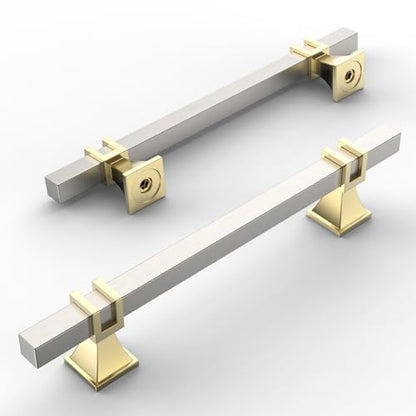 Amerdeco 10 Pack Brushed Satin Nickel and Gold Cabinet Pulls 5 Inch(128mm) Hole Center Drawer Pulls Cabinet Hardware Kitchen Cabinet Handles for Bathroom Dresser Pulls ZH0067 - color: Brushed Satin Nickel+Gold, size: 5"/128mm Hole Center