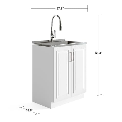 SIMPLIHOME Darwin All-in-One 28 inch Wide Utility Sink and Laundry Cabinet in Pure White Finish, Transitional Stainless Steel Sink Cabinet for Laundry Rooms with High-Arch Pull-Out Faucet and Storage - size: 28 Inch, style: Stainless Steel Sink