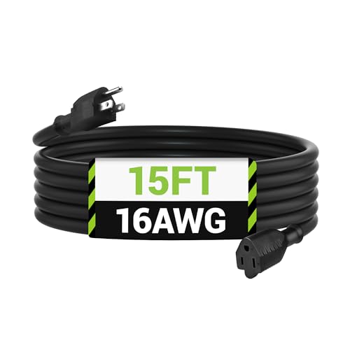 BN-LINK 15 ft Indoor/Outdoor Extension Cord 16/3 SJTW, Black, Water & Weather Resistant, 3-Prong Grounded Plug for Landscaping & Holiday Decorations, Home & Office, 13A, ETL - color: Black, size: 15ft
