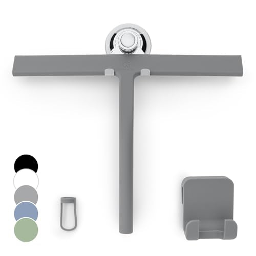 GÜTEWERK Silicone Shower Squeegee for Glass Doors & Mirrors with Stainless Steel Core, Streak-Free & No-Squeak Window Cleaning, 3-in-1 No-Drill Mount (Hook/Suction/Adhesive), Black, 11'' - color: Gray, size: 11 Inches