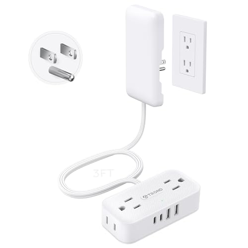 TROND 3FT Flat Extension Cord with Ultra-Thin Outlet Cover, Flat Wall Plug Power Strip with 4 AC 4 USB Ports, Hidden Outlet Extender for Tight Spaces, 10A/1250W, 900J Surge Protection, White - color: White, size: 3FT, style: With Outlet Cover