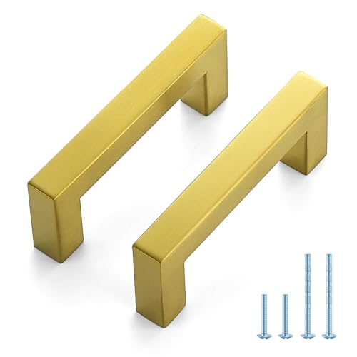 JOY DECOR 2 Pack Cabinet Handles, Gold Cabinet Pulls, 3 Inch Kitchen Handles Square Drawer Pulls Stainless Steel Drawer Hardware Handles, 76mm Hole Centers - size: 3 Inch Hole Center