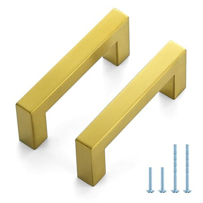 JOY DECOR 2 Pack Cabinet Handles, Gold Cabinet Pulls, 3 Inch Kitchen Handles Square Drawer Pulls Stainless Steel Drawer Hardware Handles, 76mm Hole Centers - size: 3 Inch Hole Center