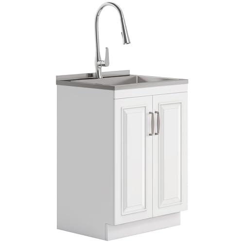 SIMPLIHOME Darwin All-in-One 24 inch Wide Utility Sink and Laundry Cabinet in Pure White Finish, Transitional Stainless Steel Sink Cabinet for Laundry Rooms with High-Arch Chrome Faucet and Storage - size: 24 Inch, style: Stainless Steel Sink