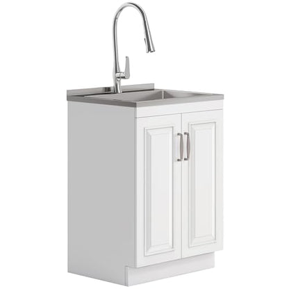 SIMPLIHOME Darwin All-in-One 24 inch Wide Utility Sink and Laundry Cabinet in Pure White Finish, Transitional Stainless Steel Sink Cabinet for Laundry Rooms with High-Arch Chrome Faucet and Storage - size: 24 Inch, style: Stainless Steel Sink