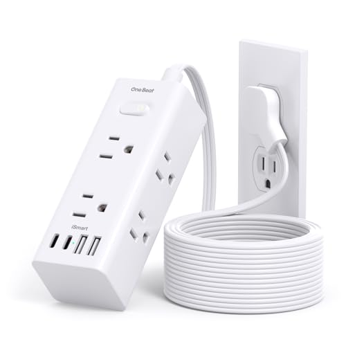 One Beat 10Ft Extension Cord with Multiple Outlets,Flat Plug Power Strip Surge Protector with 10 Ft Long Cord,6 Outlet 4 USB Ports (2USB C),Multi Outlet Wall Plug for Travel,College,Dorm Essentials - color: White, size: 10FT