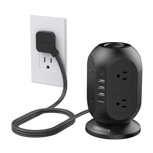 Tower Surge Protector Power Strip 10 ft, Long Flat Extension Cord with Multiple Outlets, 8 AC Outlets with 4 USB Ports (1 USB C), Charging Station with Surge Protection, for Home Office Dorm, Black - color: Black, size: 10 Feet (4 Usb Ports, 1 Usb-c)