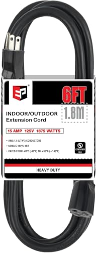 EP 12/3 6 FT Indoor Outdoor Black Extension Cord Waterproof, 12 Gauge 3 Prong Power Cord Flexible Resistant Appliance Extension Cable Electric Cable Outside, 15A 1875W 12AWG SJTW, ETL Listed - color: Black, size: 6ft