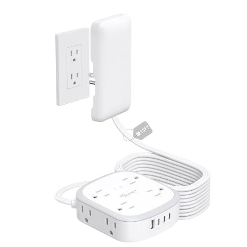 Outlet Cover Extension Cord Flat 15ft, NUTICT Flat Plug Power Strip with 8 Outlets & 3 USB-C & 1 USB-A Port, 13A/1625W, 1440J Surge Protector, Indoor 3 Prong Flat Wall Plug for Tight Spaces, White - size: 15FT
