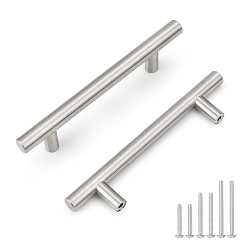 Probrico 5 Pack Hole Centers (96mm) 3-3/4inch Brushed Nickel Cabinet Pulls Stainless Steel Kitchen Drawer Handles Euro Style T Bar Dresser Pull Handle Length 150mm(6inch) - color: Brushed Nickel, size: Hole Centers: 3-3/4"