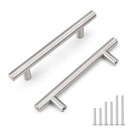 Probrico 5 Pack Hole Centers (96mm) 3-3/4inch Brushed Nickel Cabinet Pulls Stainless Steel Kitchen Drawer Handles Euro Style T Bar Dresser Pull Handle Length 150mm(6inch) - color: Brushed Nickel, size: Hole Centers: 3-3/4"