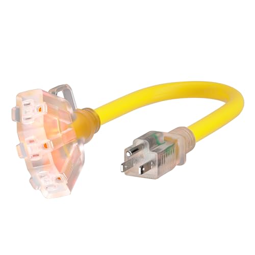 PlugSaf 1 FT 12/3 Gauge Outdoor Extension Cord with Multiple Outlets Light Indicator, Flexible Weatherproof 3 Outlet Heavy Duty Extension Cord Waterproof Yellow, 15A 1875W 12AWG SJTW, ETL Listed - size: 1FT