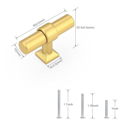 5Pack Single Hole Brushed Brass Cabinet Knobs T Shaped Dold Kitchen Cabinet Knobs Hardware Pull Knob for Cabinets and Drawers 50mm Total Length - color: Brushed Brass, size: Single Hole-2inch Length