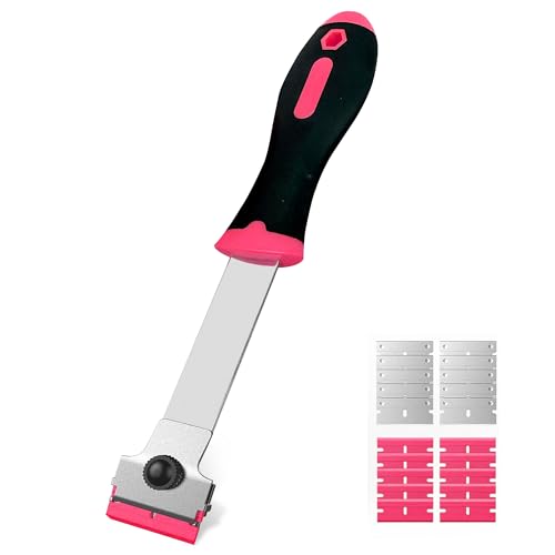 Razor Blade Scraper,Long Handle Razor Scraper with 10 Plastic and 10 Metal Blades - Perfect for Removing Labels, Stickers, Registration Stickers, and Grease from Windshields, Tint, and Glass (Pink) - color: Pink