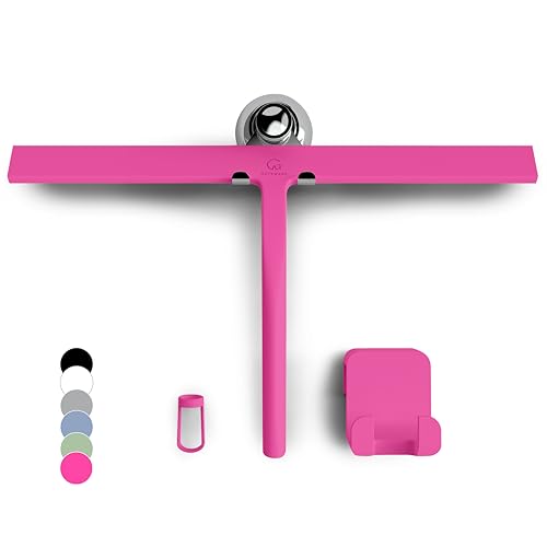 GÜTEWERK Silicone Shower Squeegee for Glass Doors & Mirrors with Stainless Steel Core, Streak-Free & No-Squeak Window Cleaning, 3-in-1 No-Drill Mount (Hook/Suction/Adhesive),Pink, 15 Inches - color: Pink, size: 15 Inches
