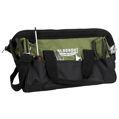 Blackout XP Tool Bag, Multi-pocket Tool Organizer with Adjustable Shoulder Strap, Green and Black