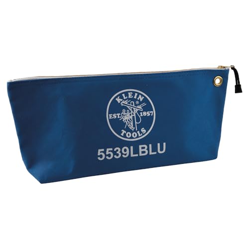 Klein Tools 5539LBLU Zipper Bag, Large 16-Inch Canvas Tool Pouch for Tool Storage with Brass Zipper, and Grommet for Hanging, Blue - color: Blue, size: Large
