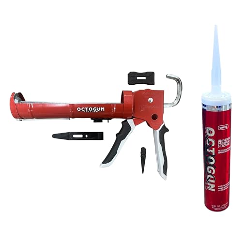Newborn Caulk Gun and Octogun Silicone Bundle | Drip-Free 10 oz Caulking Gun with Cutter and Puncture Tool + Universal White Silicone Sealant | Bathroom, Kitchen, Window, and Door Sealing Kit - style: Gun + Silicone