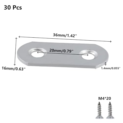1.42 Inch Straight Flat Bracket Connectors 30 Pcs with Screws, Stainless Steel Metal Brace Brackets Plate, Heavy Duty Fixed Straps Support for Wood Cabinet, Repair Chair Beds Legs