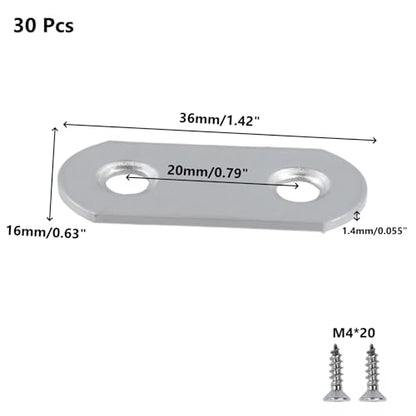 1.42 Inch Straight Flat Bracket Connectors 30 Pcs with Screws, Stainless Steel Metal Brace Brackets Plate, Heavy Duty Fixed Straps Support for Wood Cabinet, Repair Chair Beds Legs