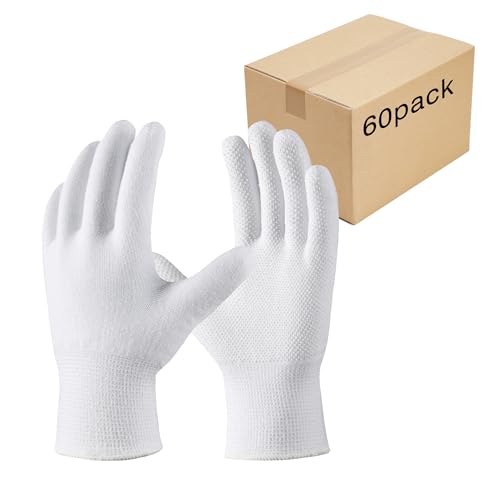 COOLJOB 12 Pairs Cotton Work Gloves with Non-Slip Grip Dots, Breathable Lightweight Gloves for Construction Gardening - color: White (Pack of 60), size: Medium