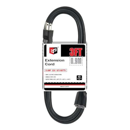 EP 3 Ft Extension Cord - 12/3 SJTW Heavy Duty Black Extension Cable with 3 Prong Grounded Plug - Power Cord for Lawn, Garden, Appliances - color: Black, size: 3ft