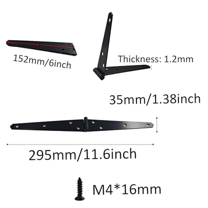 4Pcs 6-Inch Heavy Duty Iron Strap Hinges, Matte Black Gate Tee Hinges for Shed, Fence, Cabinet, Wood Gate Applications with Mounting Screws - size: 6 Inch