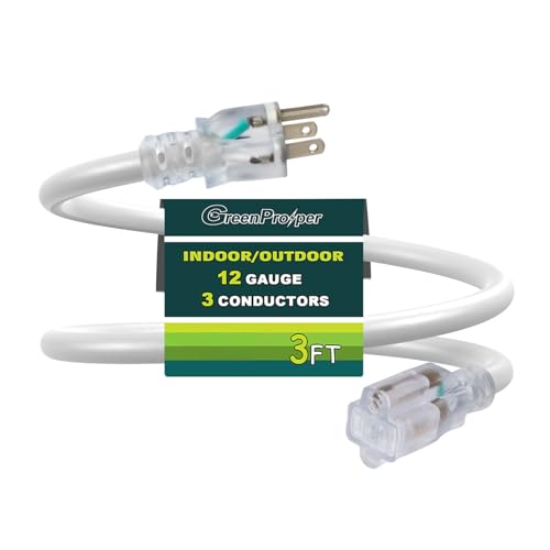 3 FT White Extension Cord with Lighted End, 12 AWG 3 Prong Indoor Heavy Duty Waterproof Power Cable for Major Appliance, 12/3 SJTW UL Listed - color: White, size: 3 FT