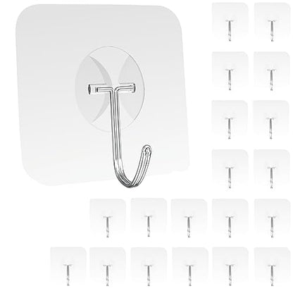 Latoxcaa Heavy Duty Adhesive Wall Hooks - Strong & Transparent, Hold up to 22lb, Waterproof & Reusable, Ideal for Kitchen, Bathroom, and Office (20 Pack) - size: 20 Medium Hooks