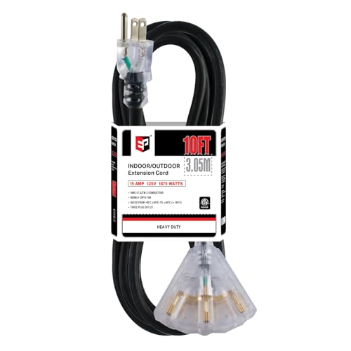 EP 10 Ft Lighted Outdoor Extension Cord with 3 Electrical Power Outlets - 12/3 SJTW Heavy Duty Black Extension Cable with 3 Prong Grounded Plug for Safety, UL Listed - color: Black, size: 10FT