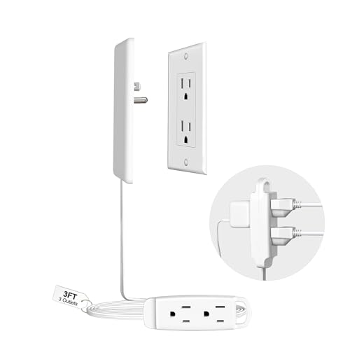BLIATLUS 3FT Extension Cord Flat Wall Plug with 3 Outlets, Slim Socket Flat Plug Power Strip with Outlet Cover Concealer, Max. 13A 125V 1625W ETL Listed, White Color