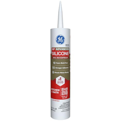 GE Advanced Silicone Caulk for Kitchen & Bathroom, White, 10 fl oz Cartridge, 1 Pack - 100% Waterproof Silicone Sealant, 5X Stronger Adhesion, Shrink & Crack Proof - color: White, size: Pack of 1