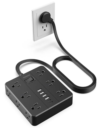 Flat Plug Surge Protector Power Strip, HUNIAN 12 Widely Spaced Outlets with 6 USB Charger (2 USB C Ports), 10 Ft Extension Cord Desk Charging Station for Home Office Supplies, Dorm Room, Black - color: Black, size: 10FT