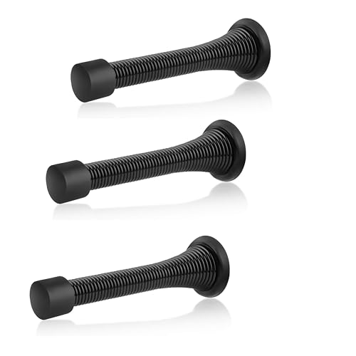 Spring Door Stopper-Matt Black – 3-Pack Wall Door Stopper – Easy Installation Doorstop with Rubber Bumper Tip – Heavy Duty Materials and No-Damage Design – Available in 3 Elegant Colors - color: Matt Blk